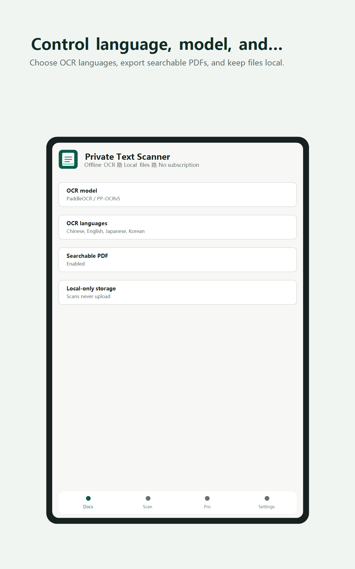 Private Text Scanner OCR and language settings